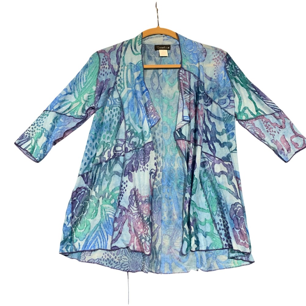 Creation Women Blue Purple Abstract Burnout Open Front Cardigan Jacket Size M